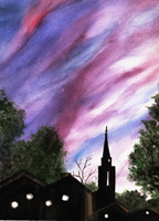 Watercolor of sunset in Newton MA
