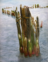 Watercolor of a burnt out Manhattan pier