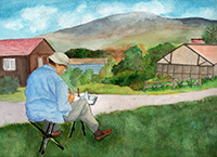 Watercolor of man painting Mount Monadnok