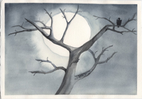 Watercolor of the moon through branches by Harriet Fell